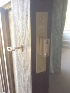 Mortice deadlock fitted to oak door with discreet keyhole cut